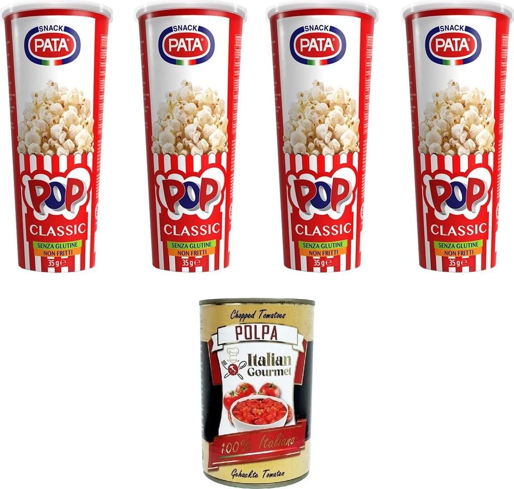 Pata Pop Classic- Popcorn Non fritti Nicht frittiertes Popcorn 4x35gr + Italian Gourmet Polpa 400g