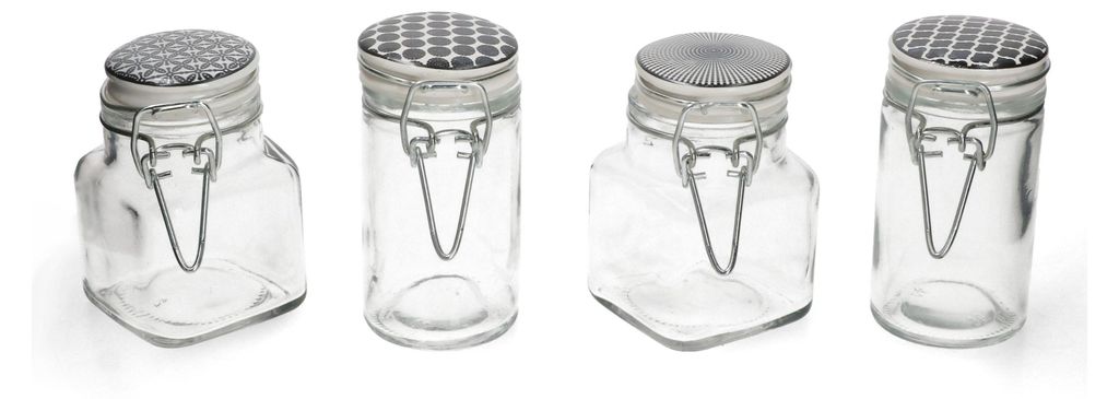 4x Vorratsgläser TAKEO 90ml Retro-Motive rund eckig Aufbewahrungs-Dose Behälter