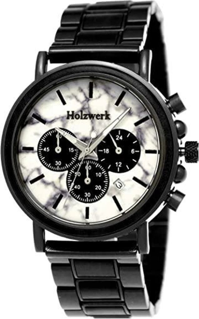 Holzwerk BERCHING Herren Edelstahl & Holz Uhr Chronograph mit Datum, grau weiß