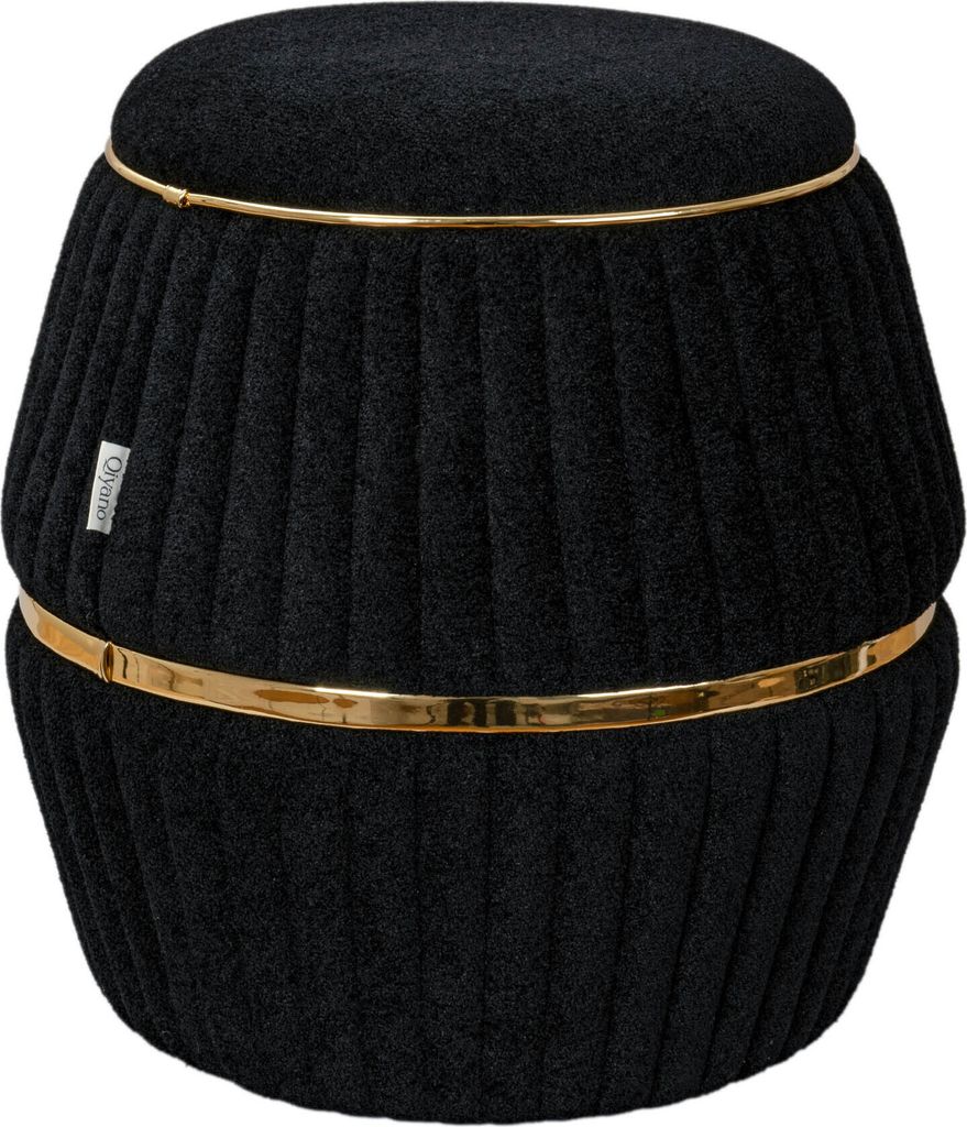 Qiyano Pouf Sitzhocker aus kuscheliger Teddystoff in Zylinderform mit Ziernähten und Metalloptikringen in Schwarz Gold, Höhe ca. 52 cm