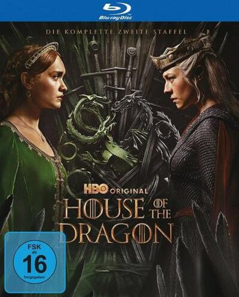 Cover art for the second season of House of the Dragon, featuring two women facing each other with dragons and swords in the background.