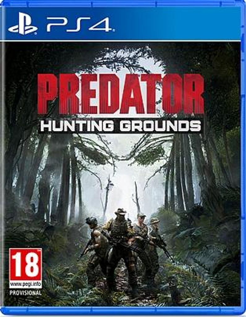 The cover art for the video game Predator: Hunting Grounds, showing a group of soldiers in a jungle setting with the Predator's face subtly visible in the background.
