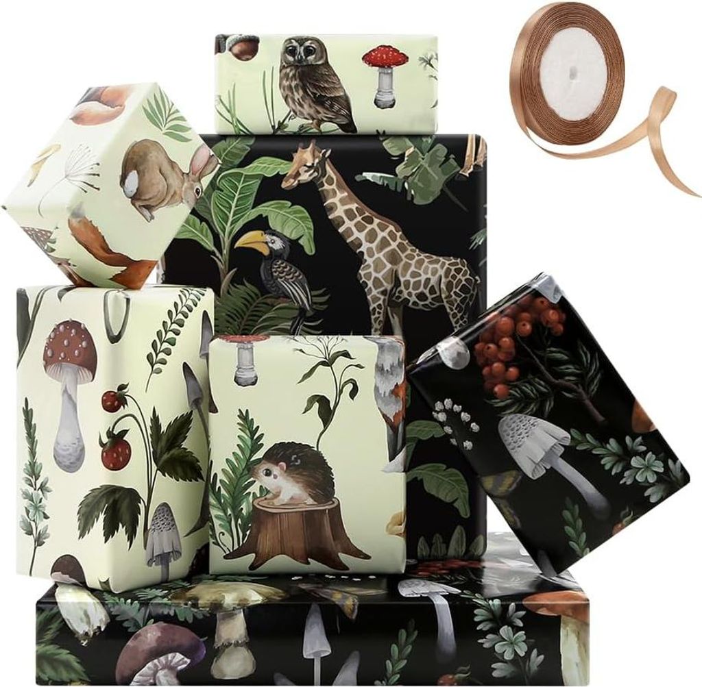 Geschenkpapier mit Vintage-Pilzen und Tieren - 4 Bögen mit Waldmotiven - 22 m khaki Band - 50x70cm pro Bogen - Frühlingsferien Ostern Geburtstag