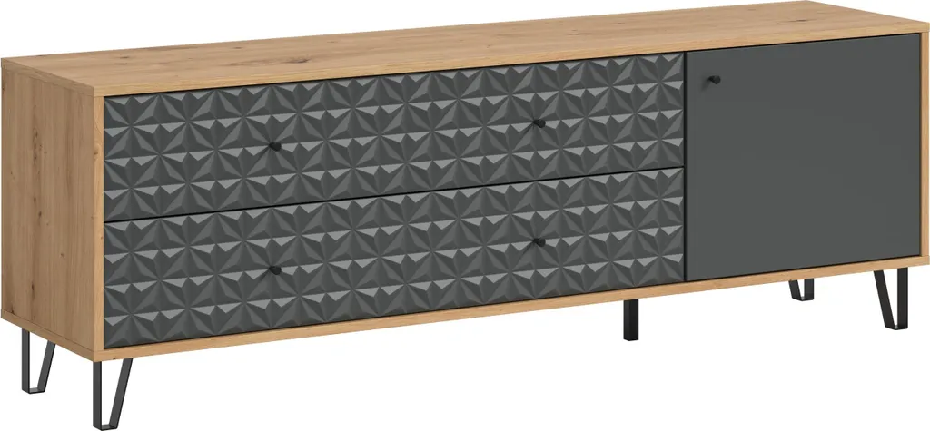 Meuble TV Design Chêne et Gris Mat Prisma avec 2 Tiroirs et Grand Placard