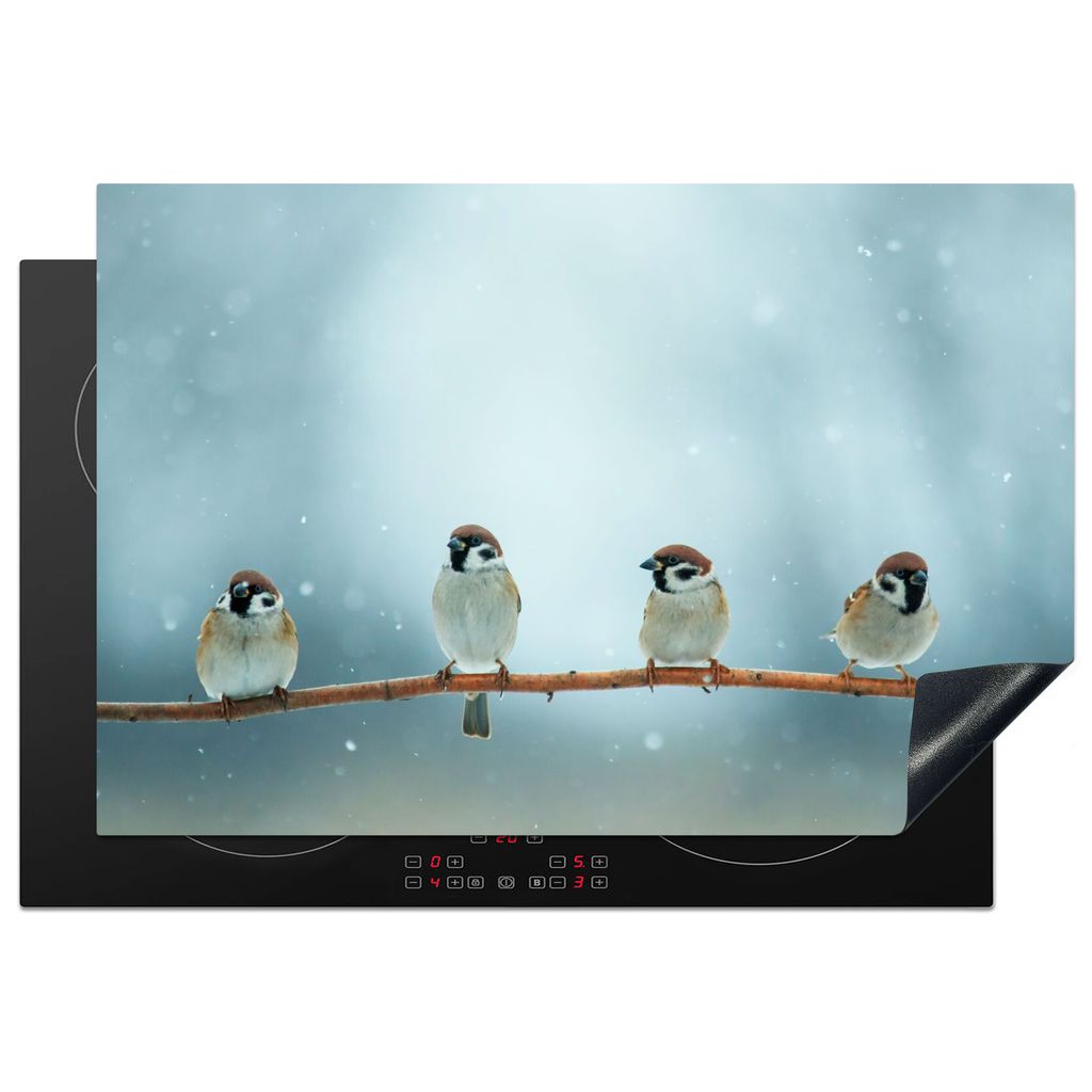 KitchenYeah Herdabdeckplatte Vögel - Spatz - Schnee - Winter , 78x52cm, Küche Deko, Glaskeramikkochfeld Herdabdeckung, Abdeckplatte fùr Kochfeld