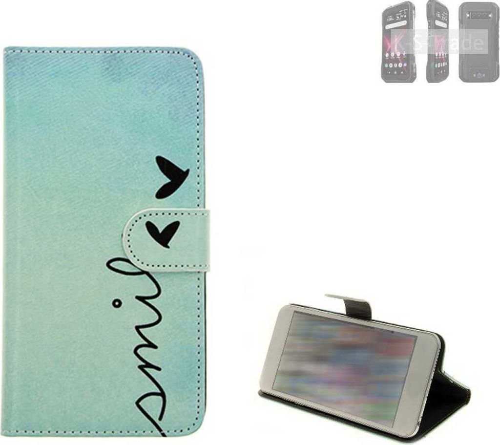 K-S-Trade Schutz Hülle Handy Hülle kompatibel mit Kyocera DuraForce Pro 3 Hülle Handyhülle cover bookstyle Etui Handyhülle “smile“ türkis