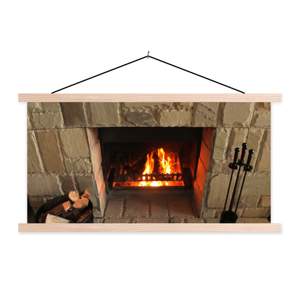 MuchoWow Textilposter Feuerstelle in einer Steinmauer 60x30 cm mit holzfarbenen Rahmen - Dekoration