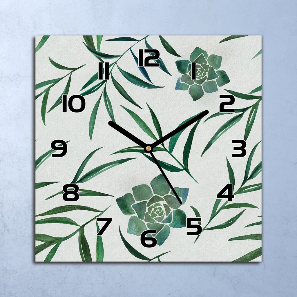 Wanduhr Echt-Glas-Küchenuhr Sukkulent & Blätter Quarz 30x30 Deko Bilder