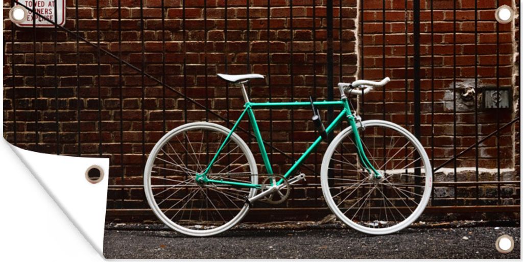 MuchoWow 80x40 cm Outdoor-Poster Gartendeko Sichtschutz Garten Poster für den Garten Grünes Fahrrad vor dem Tor