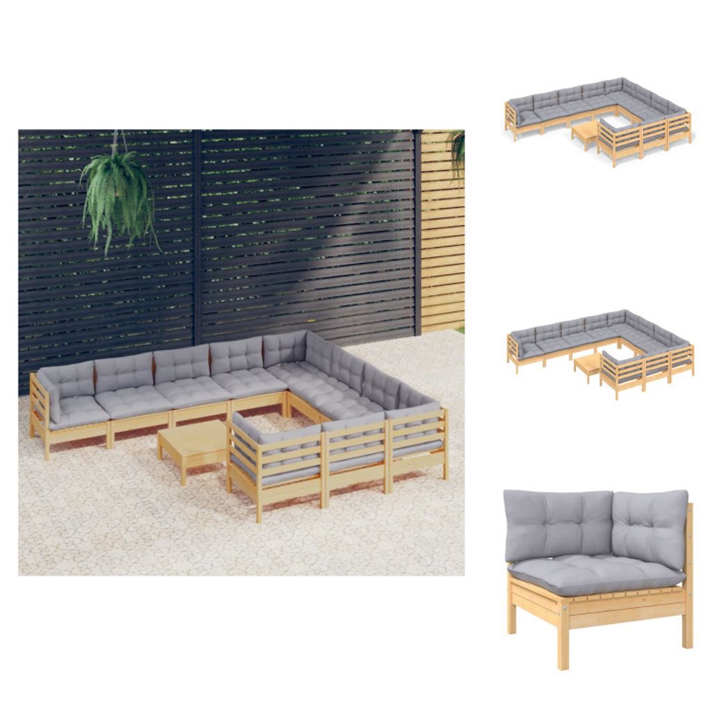 vidaXL 11-tlg. Garten-Lounge-Set mit Grauen Kissen Kiefernholz - Gartenmöbel-Sets