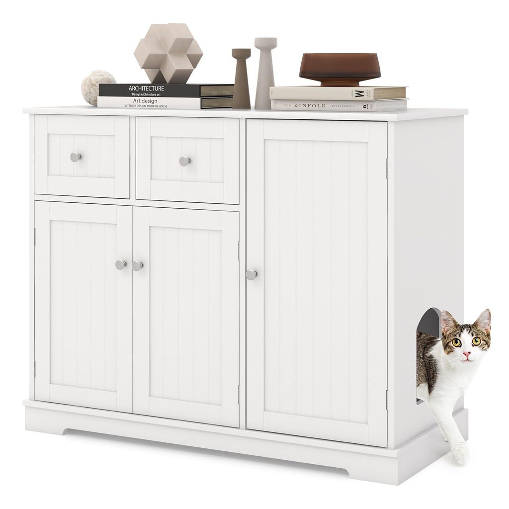 A white cabinet with doors and drawers, designed to conceal a litter box, with a cat peeking out of an opening.