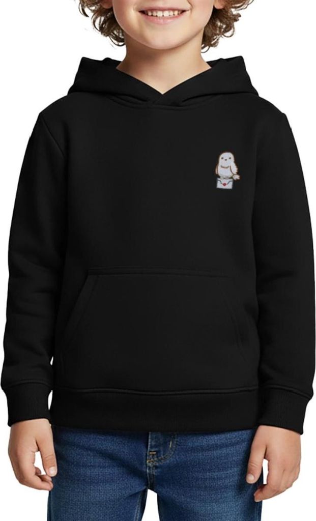 Spreadshirt Harry Potter Hedwig Mit Briefumschlag Stick-Design Kinder Premium Hoodie, 146/152 (10 Jahre), Schwarz