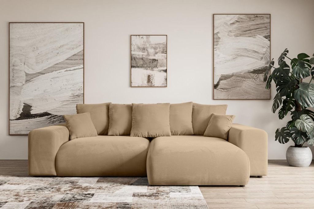 Ecksofa mit Schlaffunktion und Bettkasten ESKAR-L -266x176x72 cm Beige- Corner Sofa Bett Eckcouch Couch L-Form Schlafcouch Ausziehbar Wohnlandschaf...