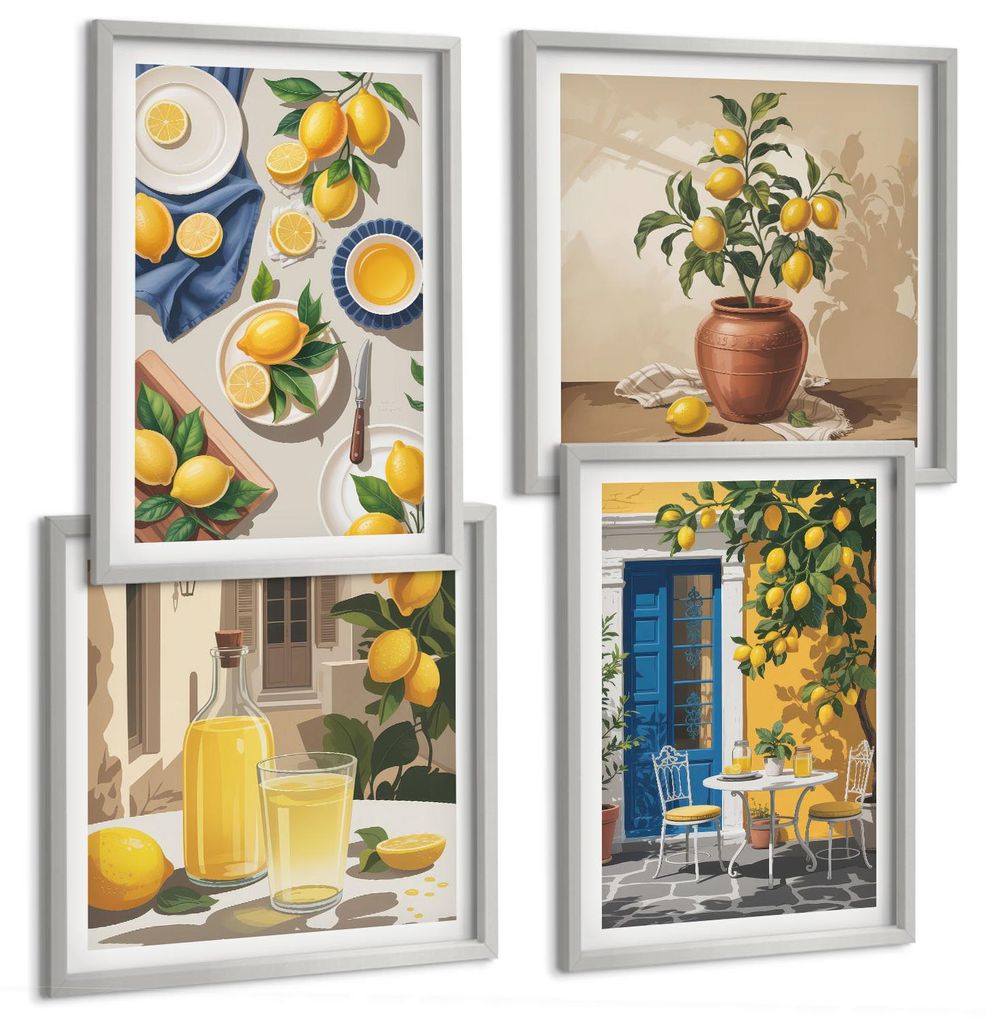 Bilder Set 4-teilig im silbergerahmten Rahmen – Wandbilder 4 Stück – gerahmte Poster für Wohnzimmer, Schlafzimmer und Flur – 50x50 cm - 40x...