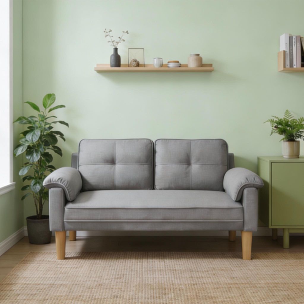 A light green room with a gray sofa, plants, and shelves.