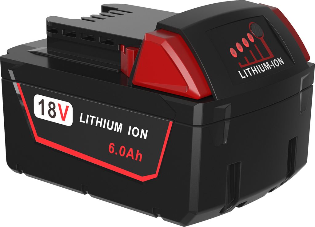 A black and red 18V lithium-ion battery pack with a white background.