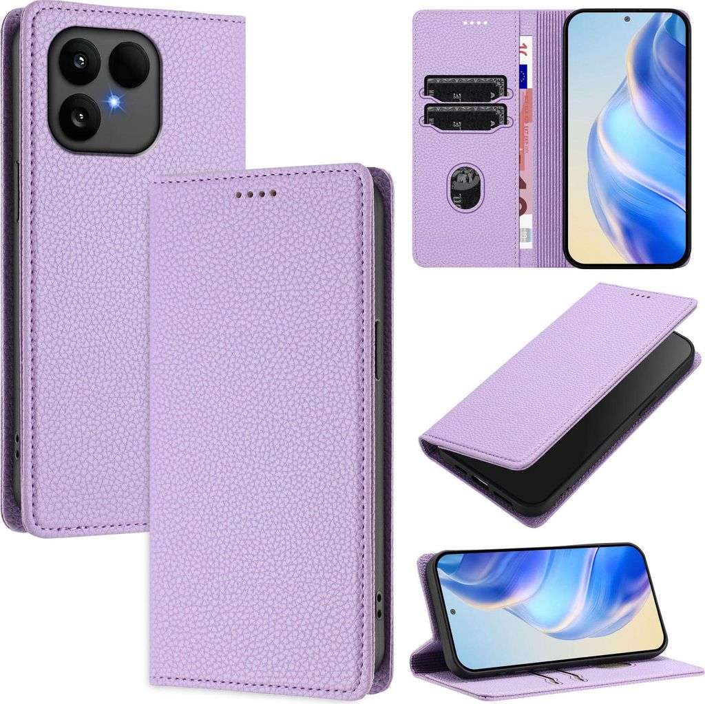 Litchi Leder Handyhülle für Fairphone 6 Wallet Kartenfächer Standfunktion Hülle Violett