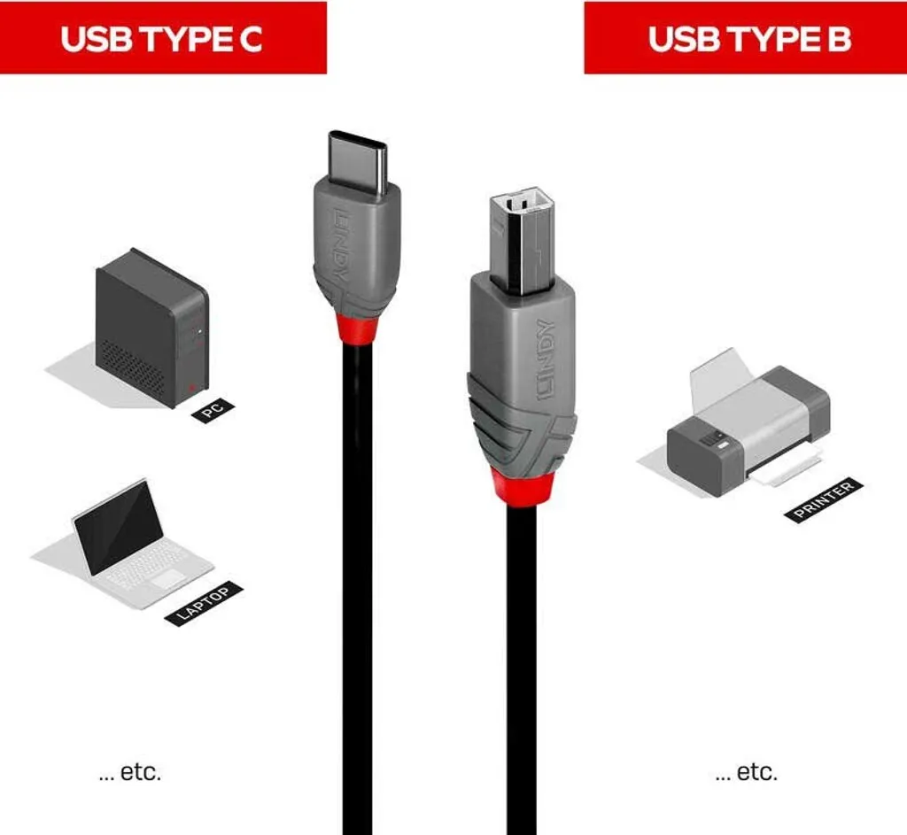 LINDY Cavo USB 2.0 da tipo C a B da 1 m, linea Anthra - 3