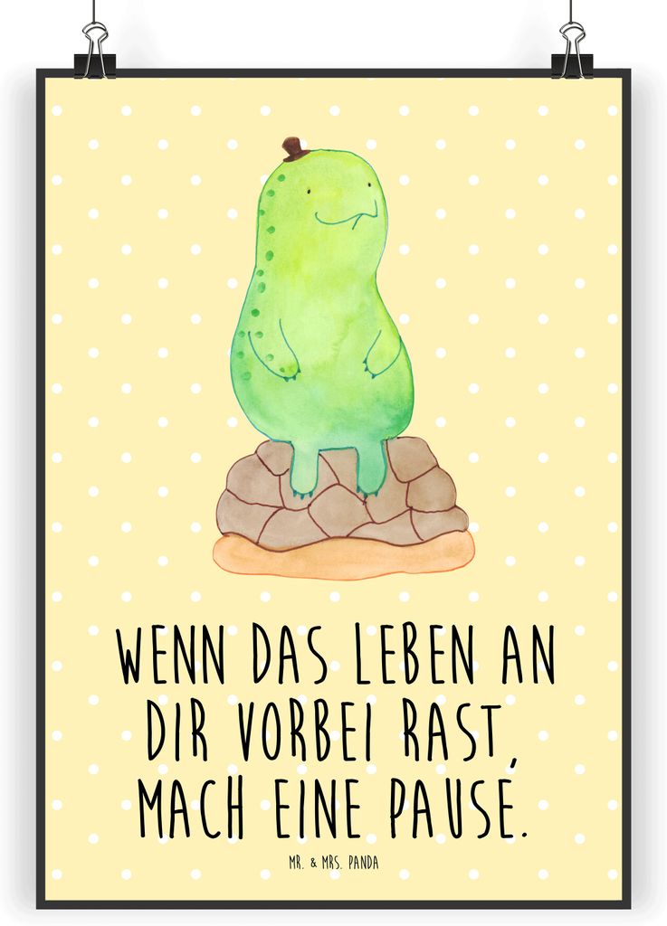 Mr. & Mrs. Panda Bild Schildkröte Pause DIN A4 - Gelb Pastell - Geschenk, Plakat, Wandbild, drucke, Kunstdruck, Entspannen, Achtsamkeit, Achtsam, ...