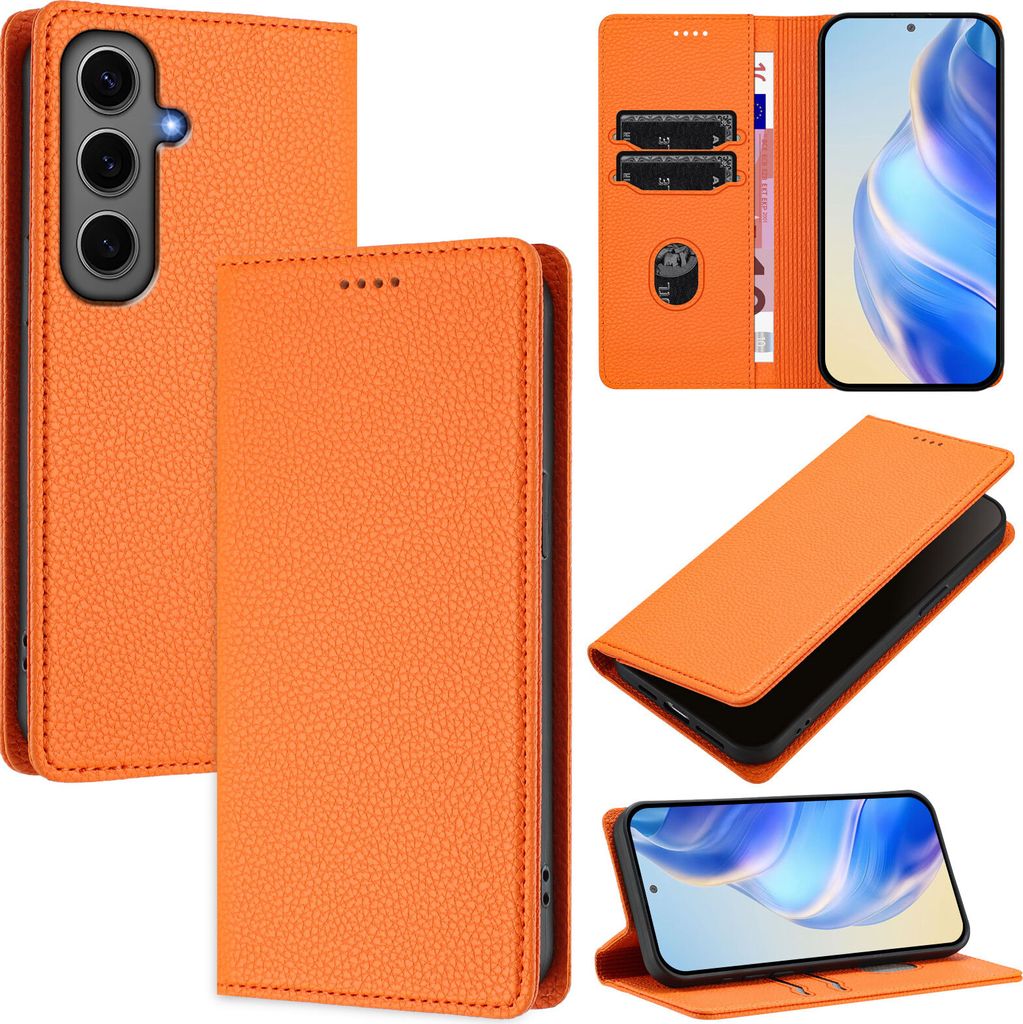 Litchi Leder Handyhülle für Samsung Galaxy S24+ Wallet Kartenfächer Standfunktion Hülle Orange
