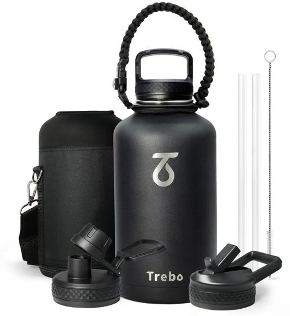 Bouteille inox 2L isotherme 48h froid avec poignée paracorde et paille, noir