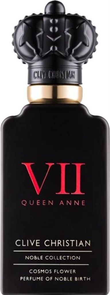 A product shot of a black perfume bottle with a gold cap and red lettering.