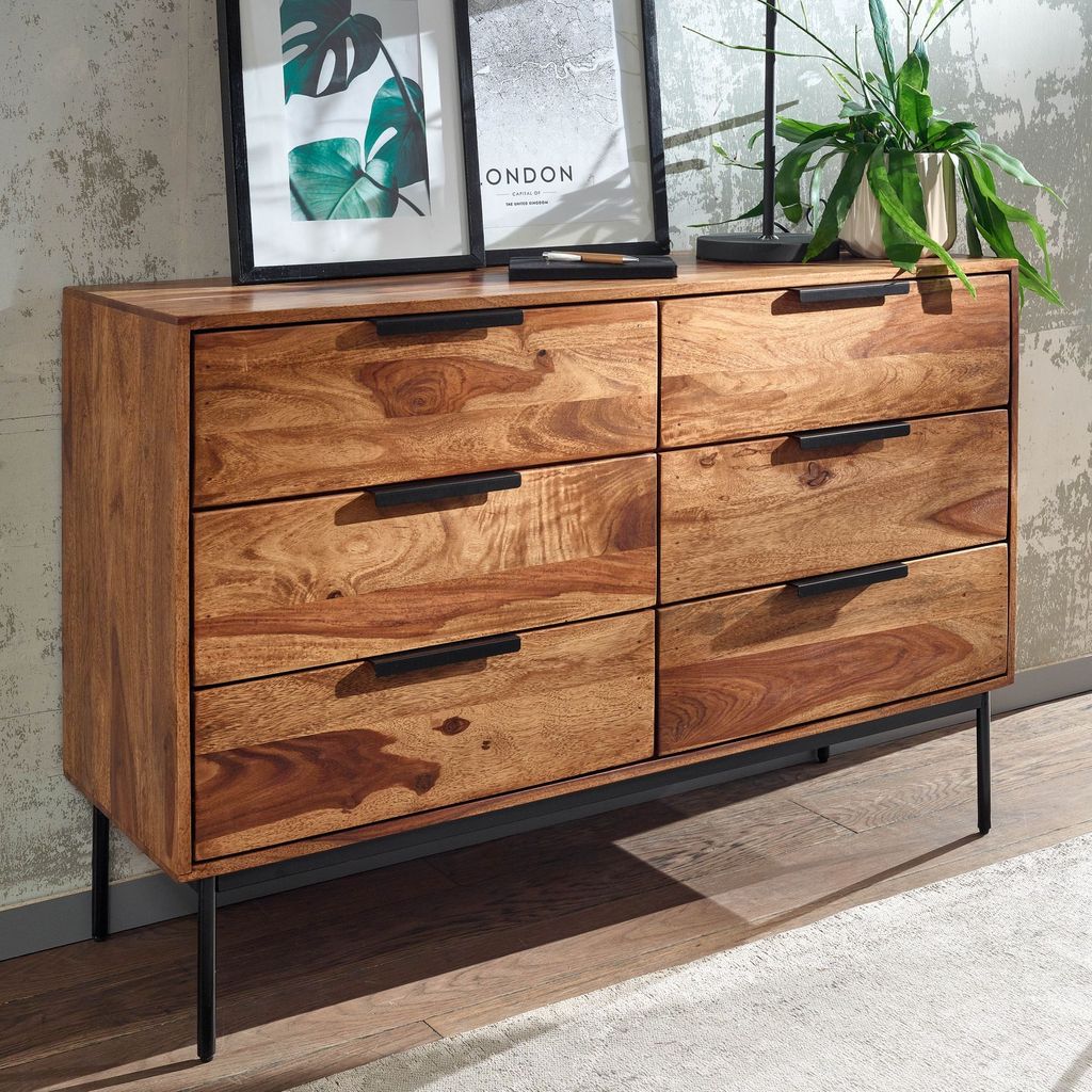 WOHNLING Kommode 117x80x42 cm Sheesham Massivholz / Metall Schubladenkommode Industrial Sideboard Kommodenschrank Holz Modern Standschrank Anrichte