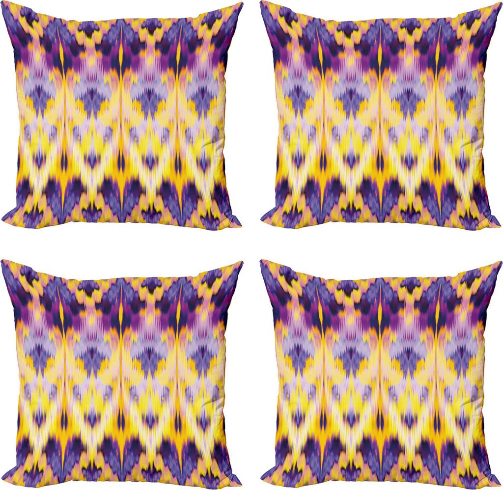ABAKUHAUS Ikat Kissenbezug Set (4 Stück), Indonesisch Sterben Boho, Moderner Doppelseitiger Digitaldruck, 50 cm x 50 cm, lila, Gelb