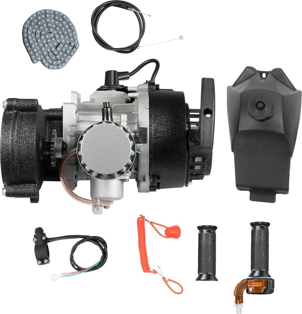 49cc Benzinmotor - 2-Takt Minibike/ATV Motor - 1,9 kW 7000 U/min - 1,2 l Tank - luftgekühlter Einzylinder - für Pocket Bike Roller - schwarz