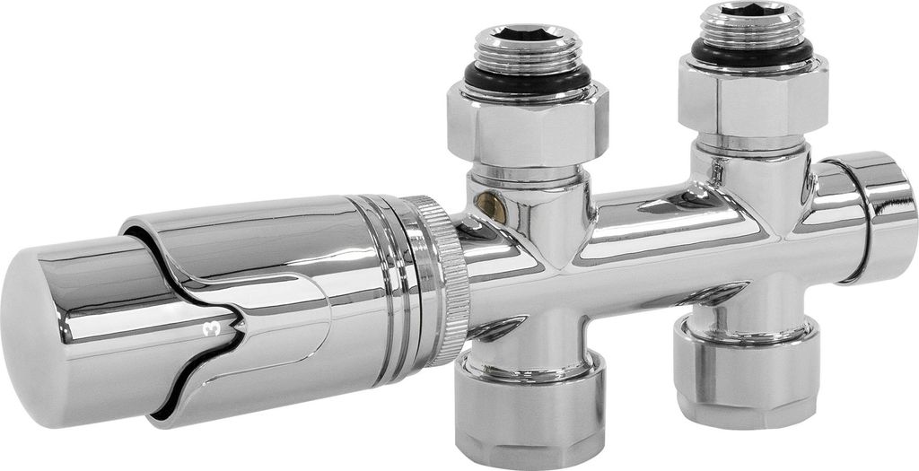 LuxeBath Ventil-Armaturen Set Multiblock Chrom Durchgangsform inkl. Thermostatkopf für Badheizkörper mit Mittelanschluss