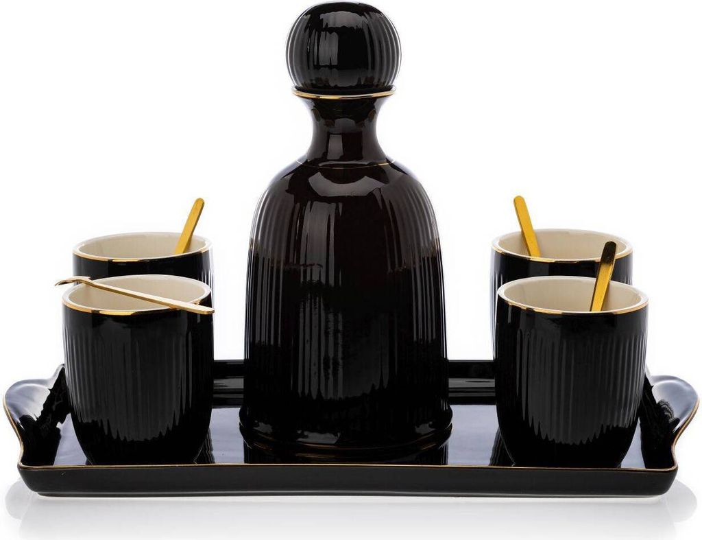HowHomely Karaffe mit Bechern und Löffeln - Stilvolles Set für jeden Anlass - Schwarz