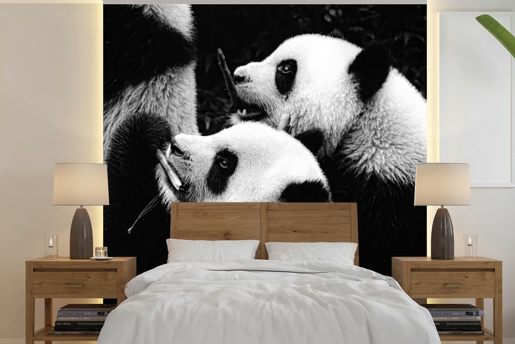 MuchoWow Fototapete für Wohnzimmer oder Schlafzimmer Wandtapete Vinyl Motivtapete Pandas - Schwarz - Weiß - 280x280 cm - Hintergrundbild