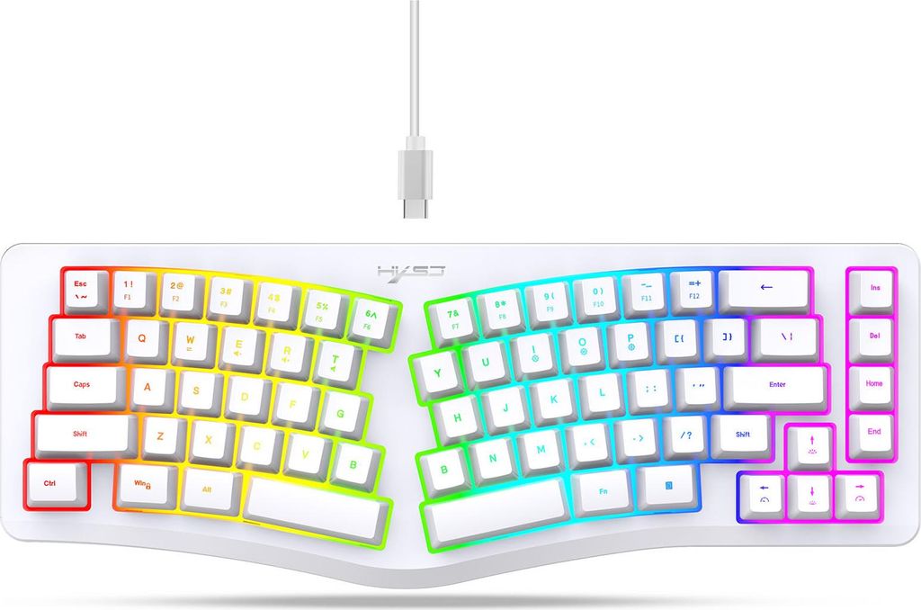 69-Tasten kabelgebundene ergonomische Tastatur mit 18 Modi RGB Hintergrundbeleuchtung USB-C abnehmbares Kabel für Computer Weiß
