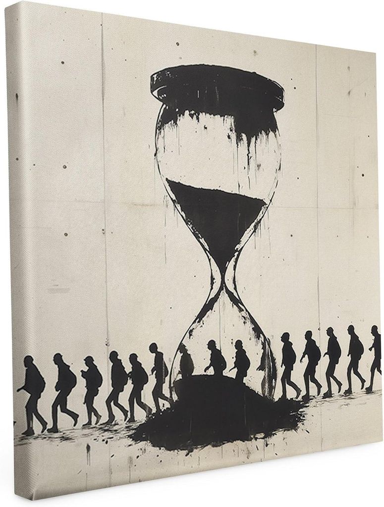 Banksy Motiv - Im Sanduhrwerk - 20 x 20 cm - Wandbild auf Leinwand - matter Kunstdruck - Graffiti - Street Art - 2cm Holzrahmen - Keilrahmen bedruckt