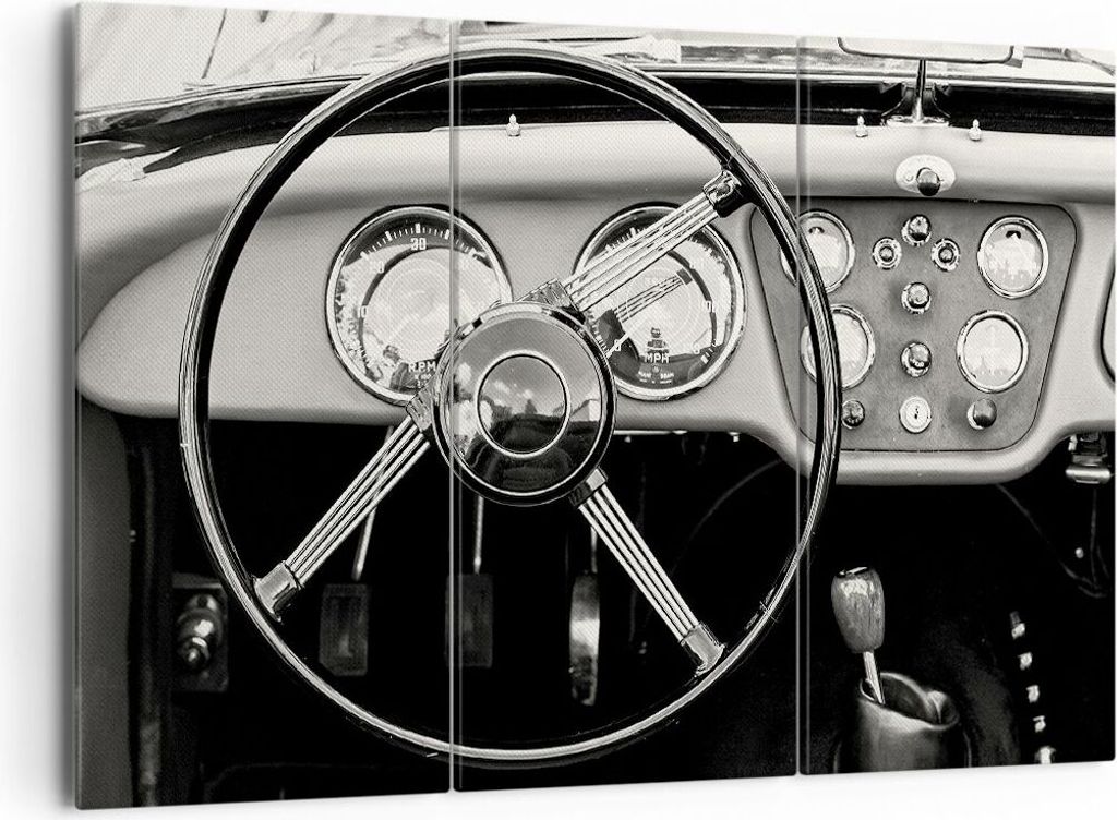 Bild auf Leinwand - Leinwandbild - 3 Teile - Lenkrad Auto Vintage - 165x110cm - Wand Bild - Wanddeko - Wandbilder - Leinwanddruck - Bilder - Wandde...