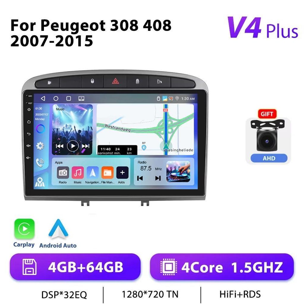 Android Autoradio für Peugeot 307 2012 - 2-DIN Multimedia-Headunit - 23 cm Touchscreen - Android 10 - GPS Navigation - 4+64 GB - 1,5 GHz