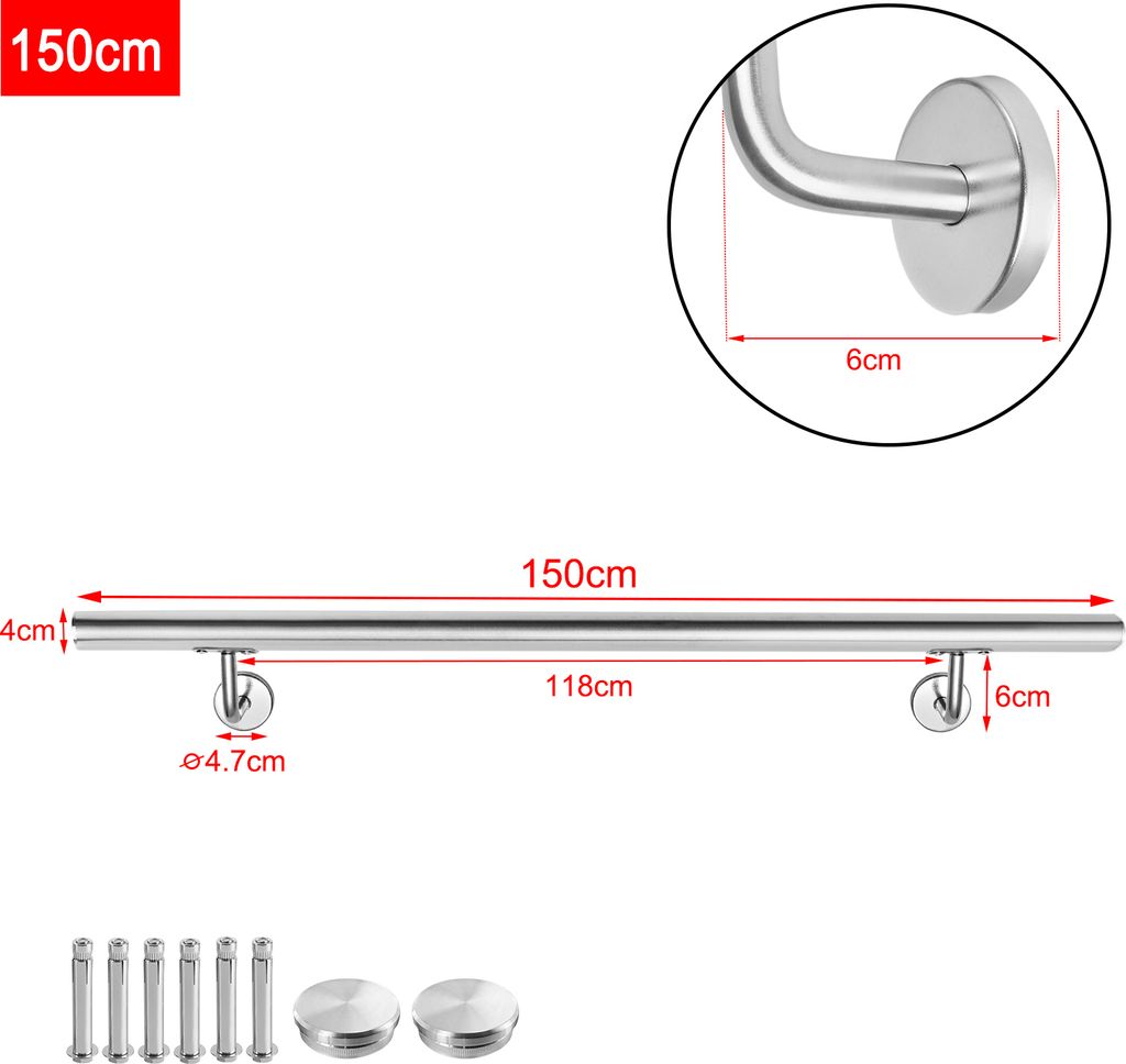 LZQ Treppengeländer 150 cm x Ø 4,2 cm Handlauf Edelstahl Griff Wandhandlauf Wand Geländer Treppe Stange Brüstung Treppenhandlauf Innen & Außen