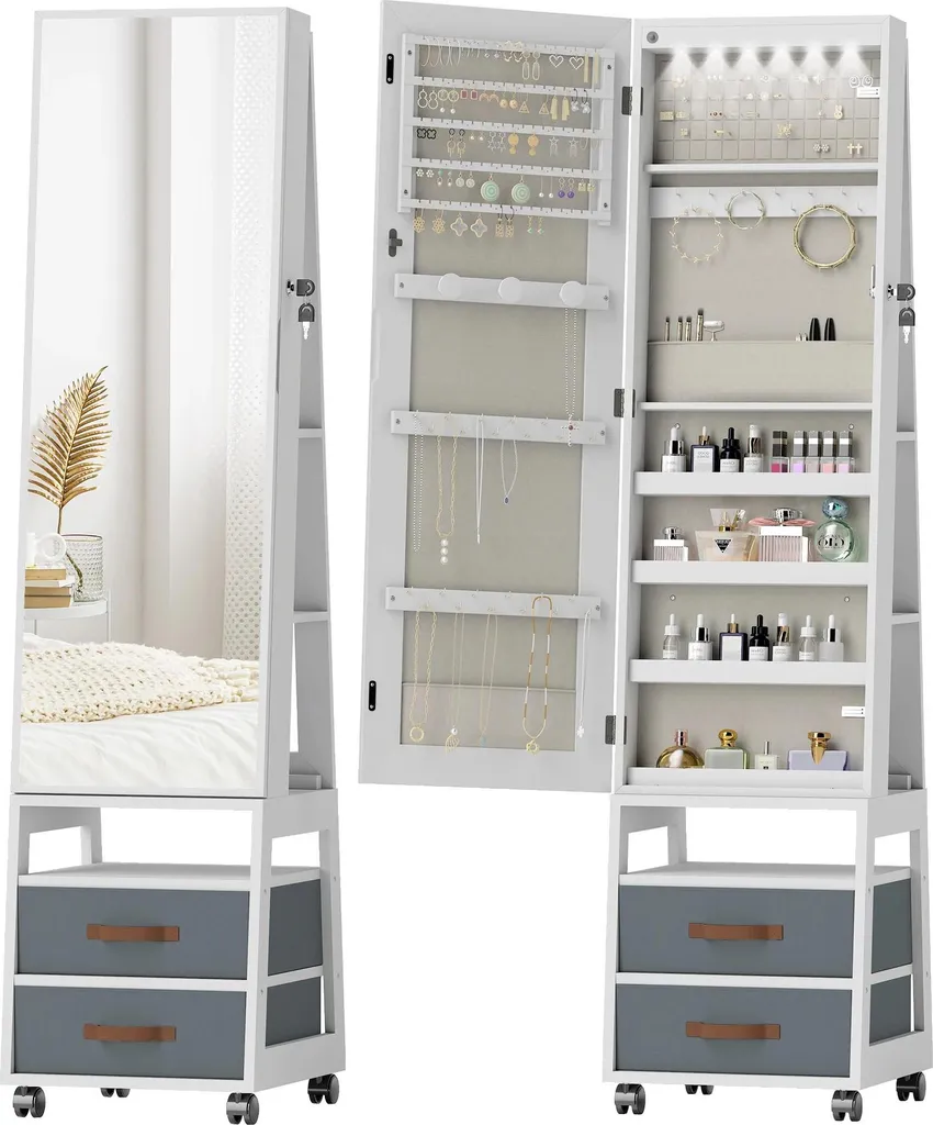 Armoire bijoux LED rotative 360° avec tiroirs et étagères ouvertes