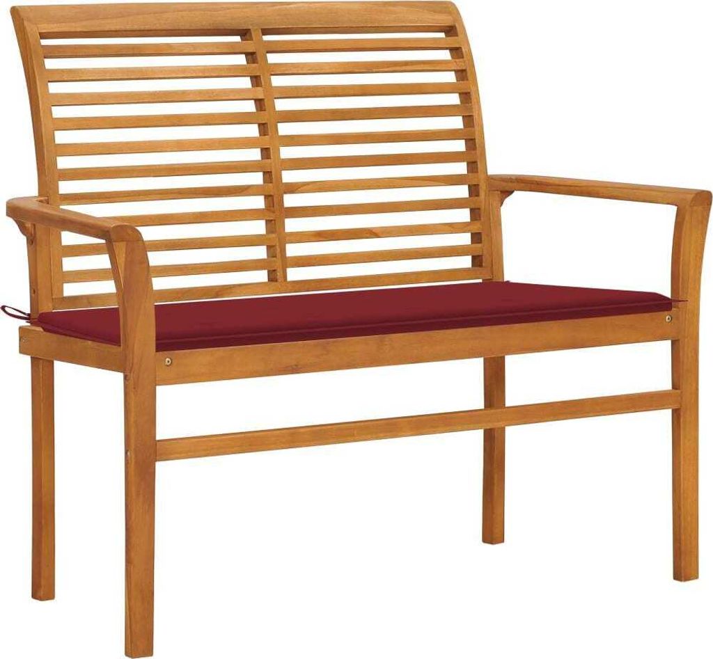 The Living Store Gartenbank mit Weinroter Auflage 112 cm Massivholz Teak