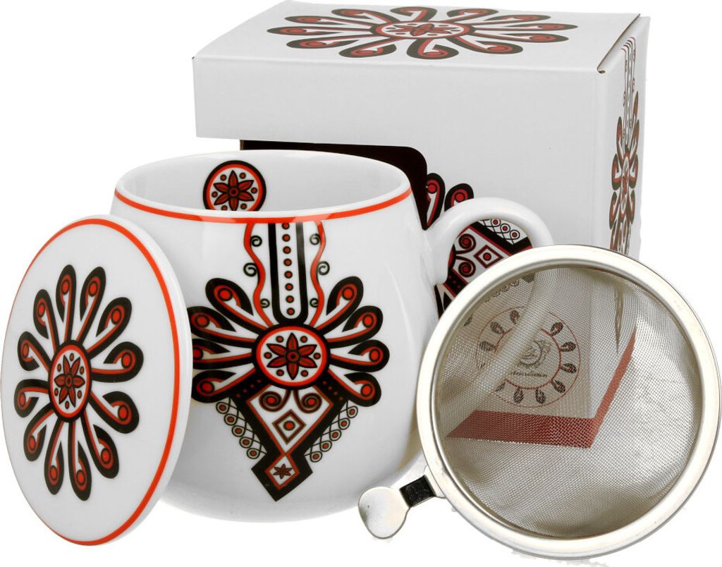 DUO ETNO Fassbecher 430 ml RURAL ORNAMENT mit Teesieb, New Bone China Porzellan
