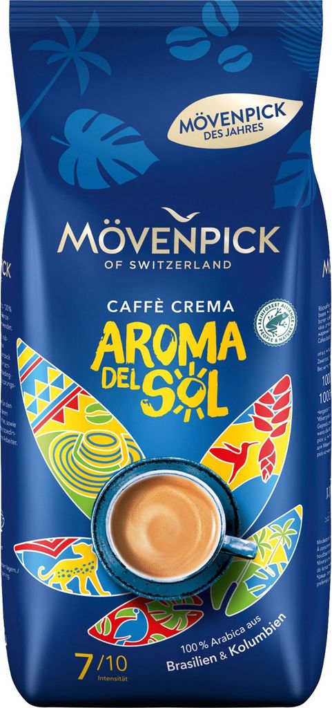 A bag of Mövenpick coffee beans with a cup of coffee and colorful graphics.