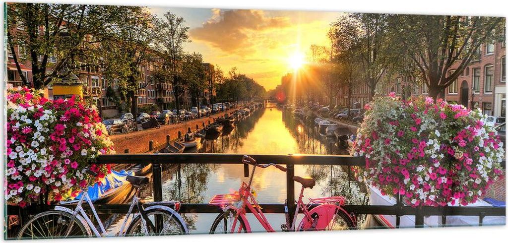 Bilder auf glas - Bikes Kanal Amsterdam Architektur - 100x40cm - Glasbilder - Wandbilder - Kunstdruck - Wanddekoration aus Glas - Glas Bilder - Wan...