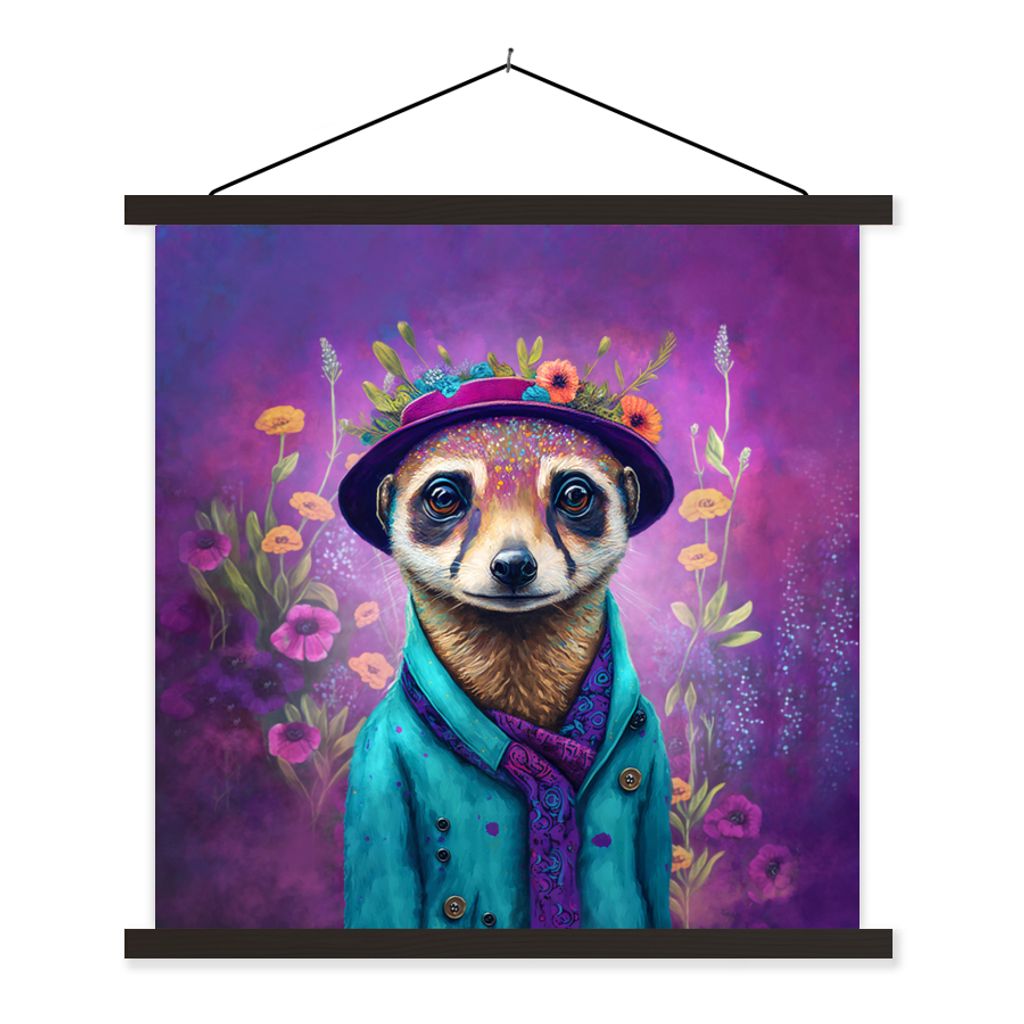 MuchoWow Textilposter Erdmännchen - Blumen - Farbe - Lila - Porträt - Erdmännchen 90x90 cm mit schwarzem Rahmen - Magnetisches