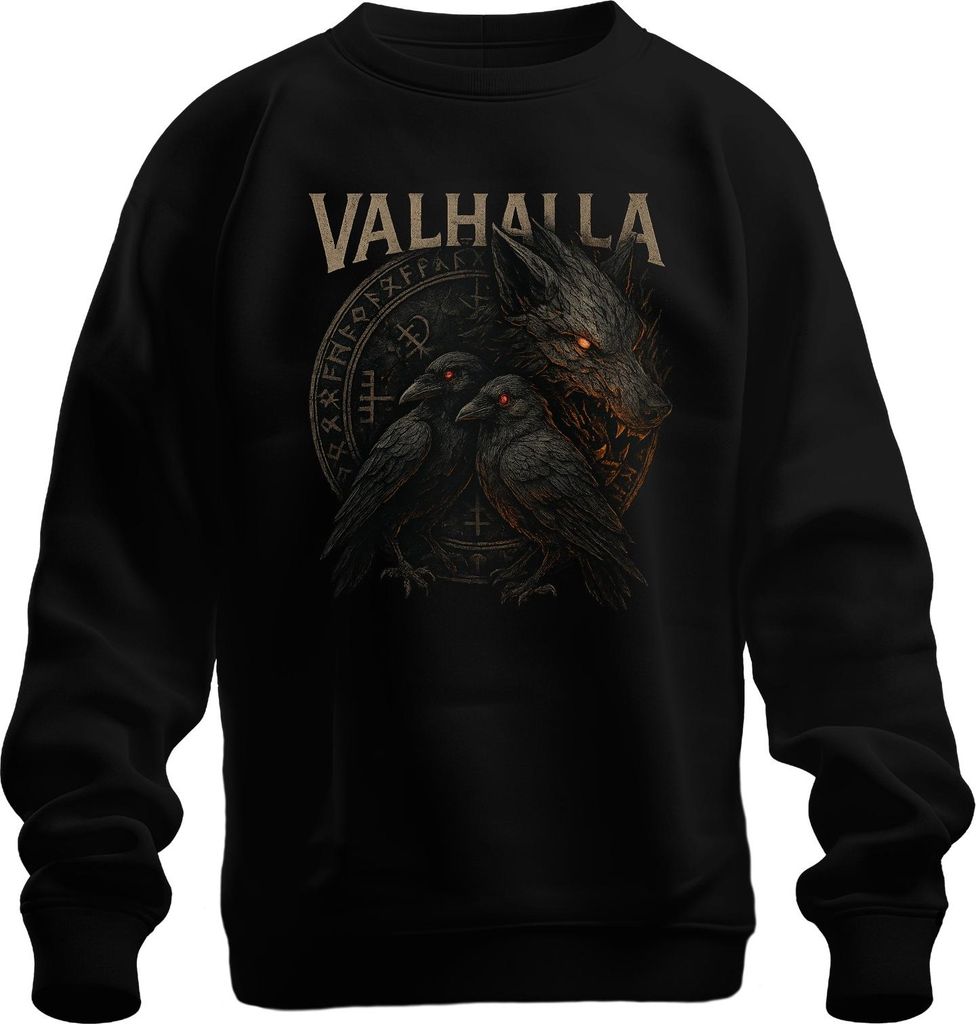 Valhalla Odin Hugin Munin Raben Wolf Wikinger Runen Nordisch Saga Uni Sweatshirt Pullover, Schwarz, L