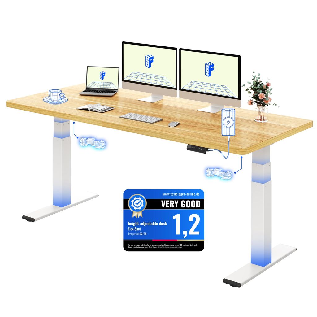 FLEXISPOT ValtreX E200 Höhenverstellbarer Schreibtisch 180x80cm 200KG TRAGKRAFT, 25MM EINTEILIGE TISCHPLATTE, 2 Motoren, USB-Anschluss, Ahorn