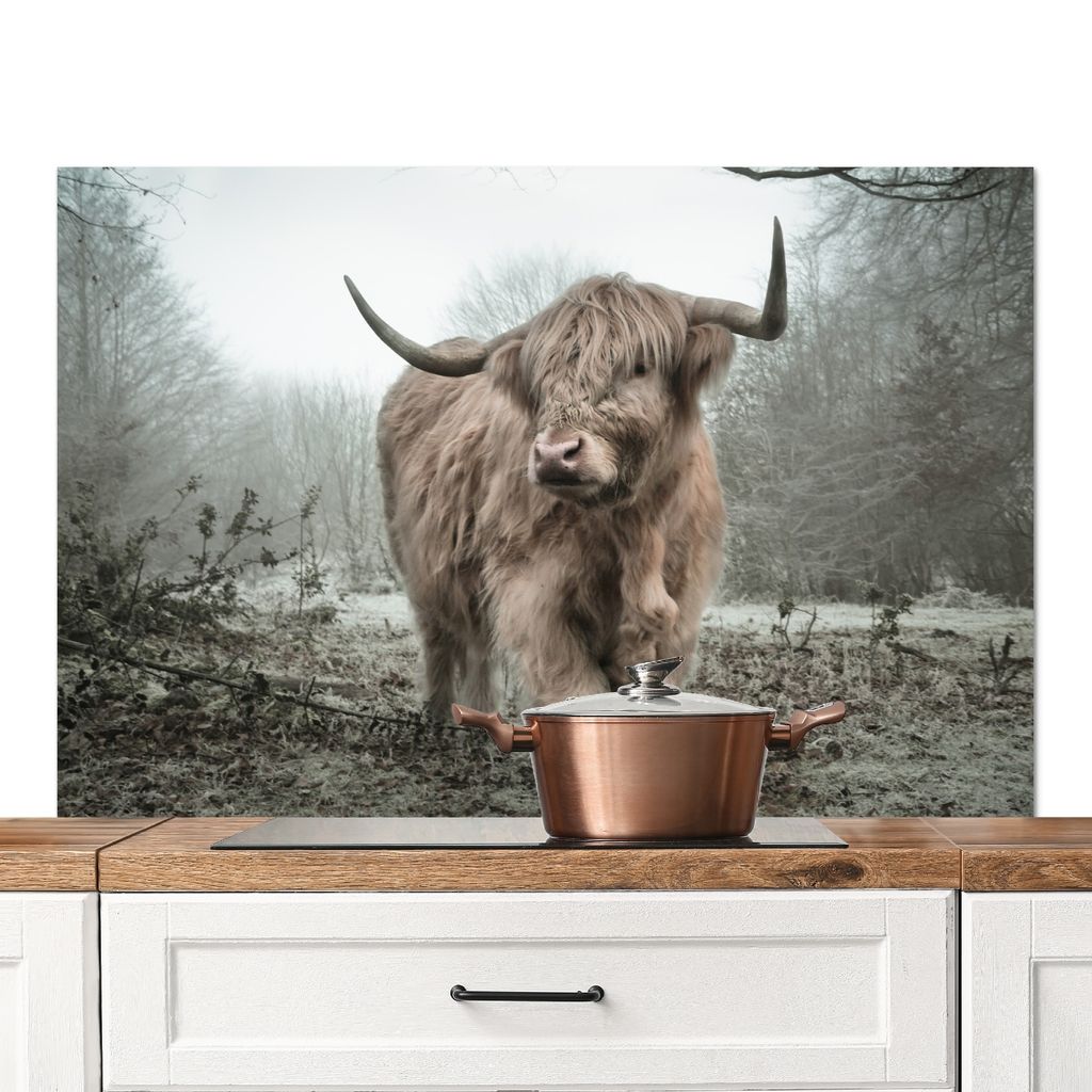 KitchenYeah Spritzschutz Küche - Küchenrückwand - Wandschutz für Herd und Spüle - Schottische Hochlandrind - Natur - Herbst - Tiere - Wildt...