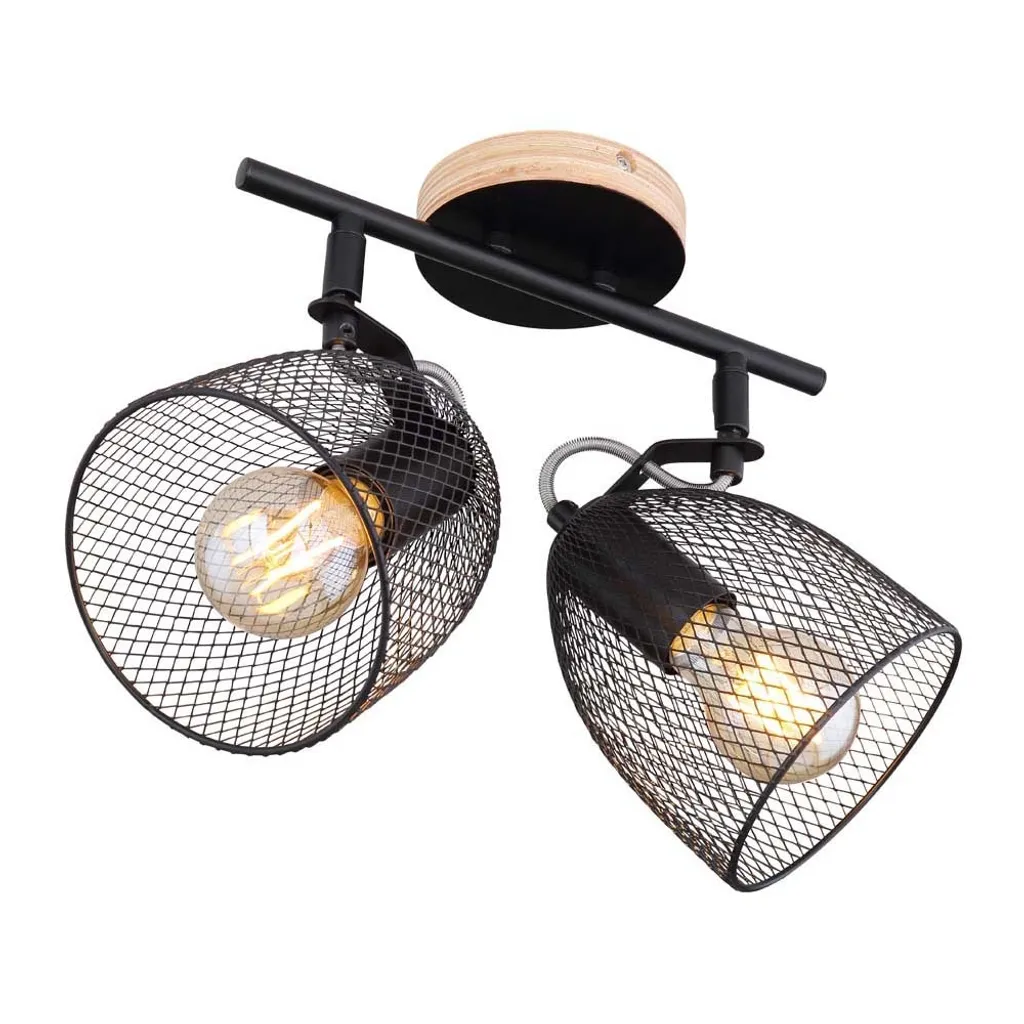 Luminaire rail bois avec abat-jour maille métallique et projecteur réglable