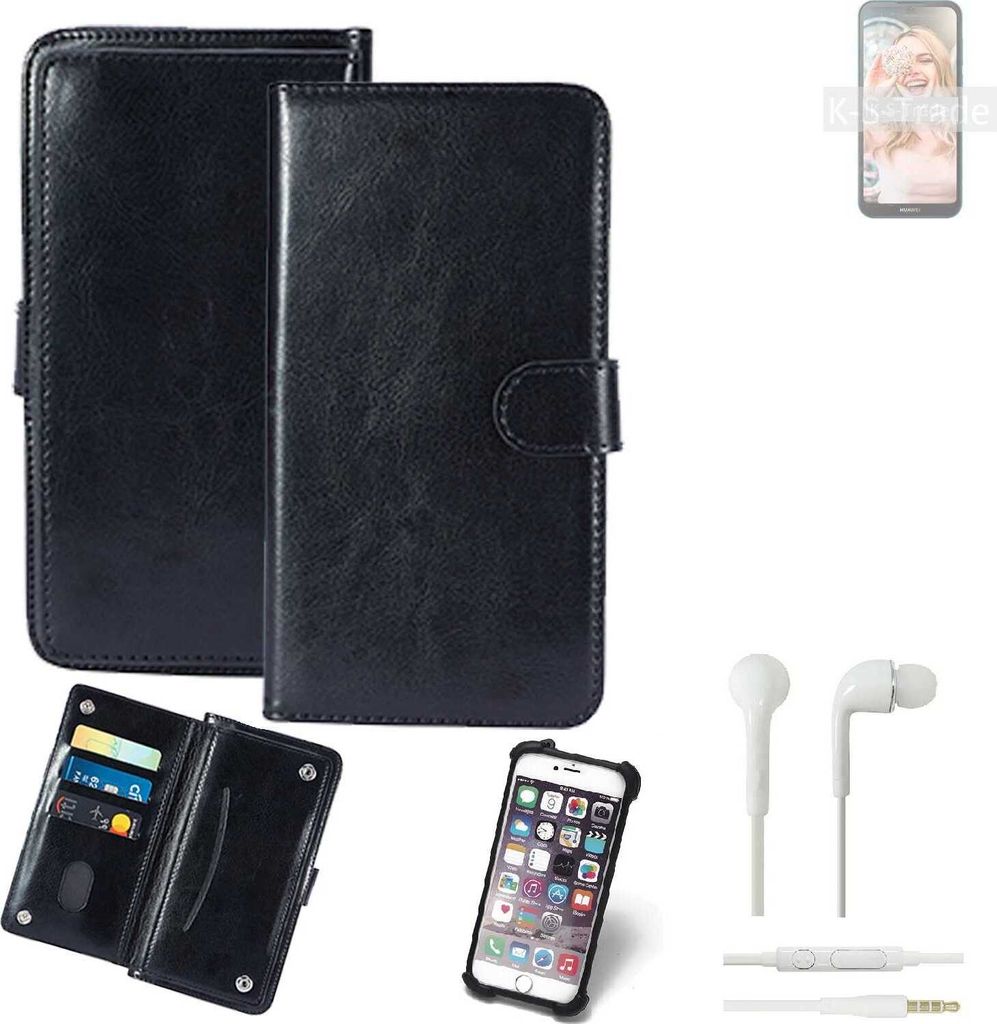 K-S-Trade 360° Hülle kompatibel mit Xiaomi Redmi Note 7 inkl. Headphones schwarz Kunstleder Case BookCase WalletCase Kunstlederederhülle