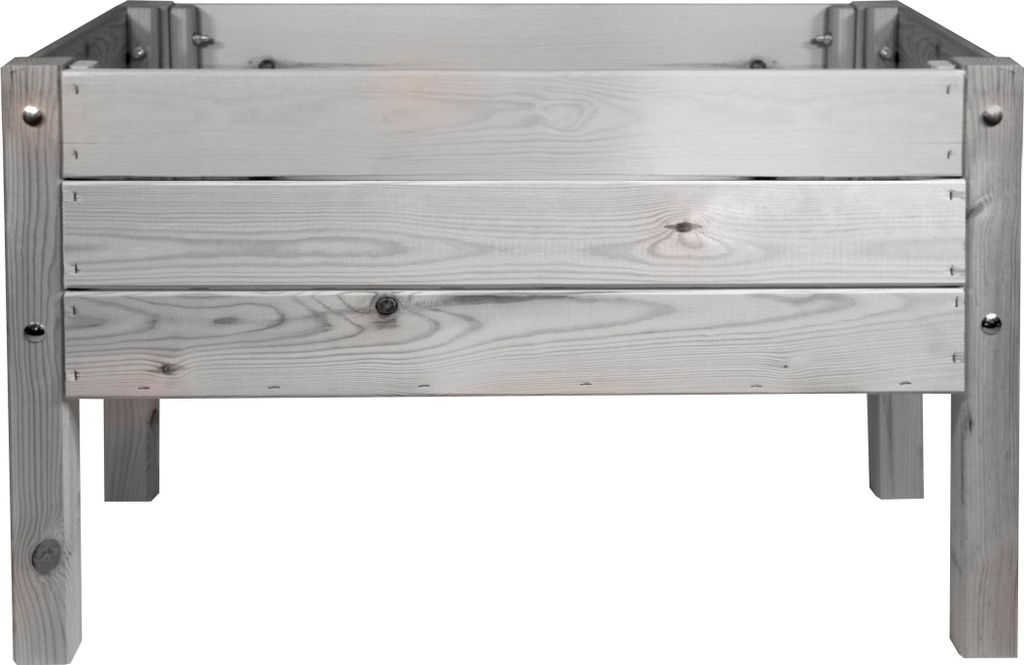 A wooden raised garden bed on a white background.