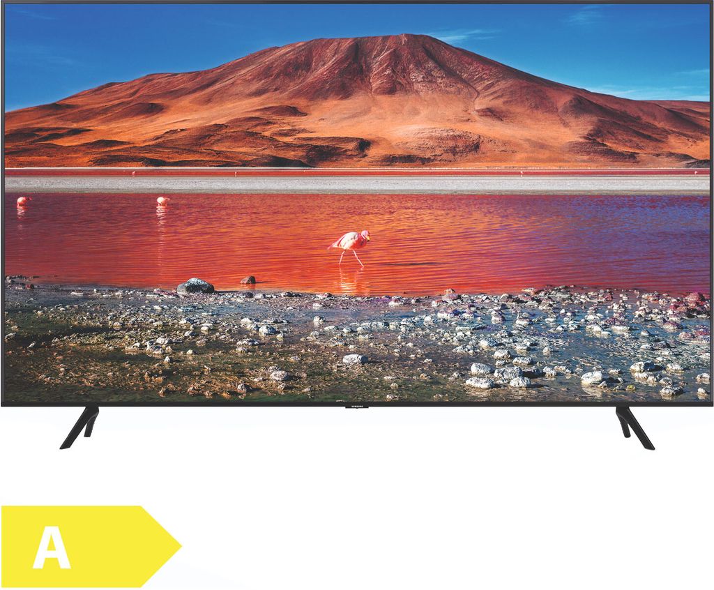 A television displaying a landscape image with a flamingo in the foreground, set on a stand.